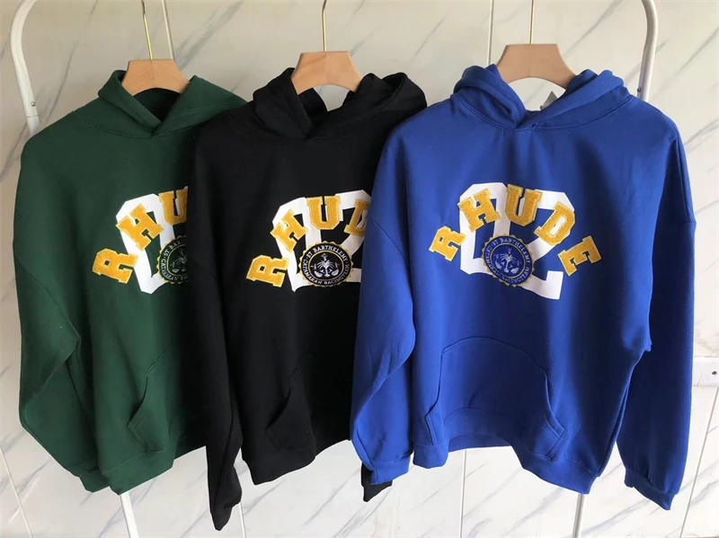 

2023ss Towel Embroidery Rhude Fleece Hoodie Men Women Patchwork Badge Pullovers
