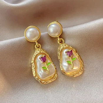 925 Silver Needle Korean Fashion Oil Painting Pearl Drop Earrings For Women Jewelry 2025 Trending Vintage Tulip Flower Earrings
