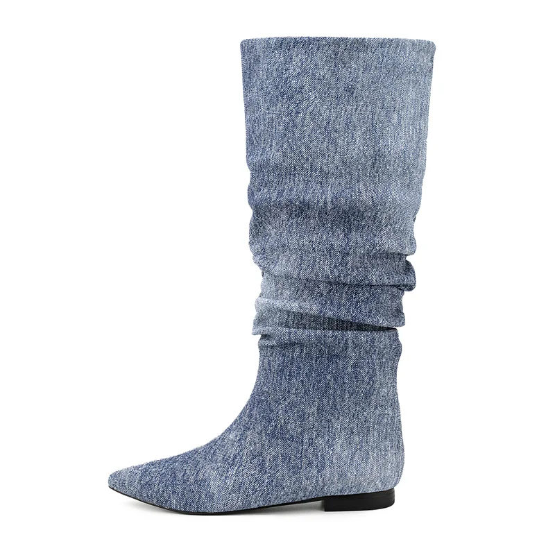 

Pointed Toe Denim Boots For Women Flat Shoes Large Size Leisure Punk Concise Pleated Slip-on Long Boots Women Chelsea Boots 2023