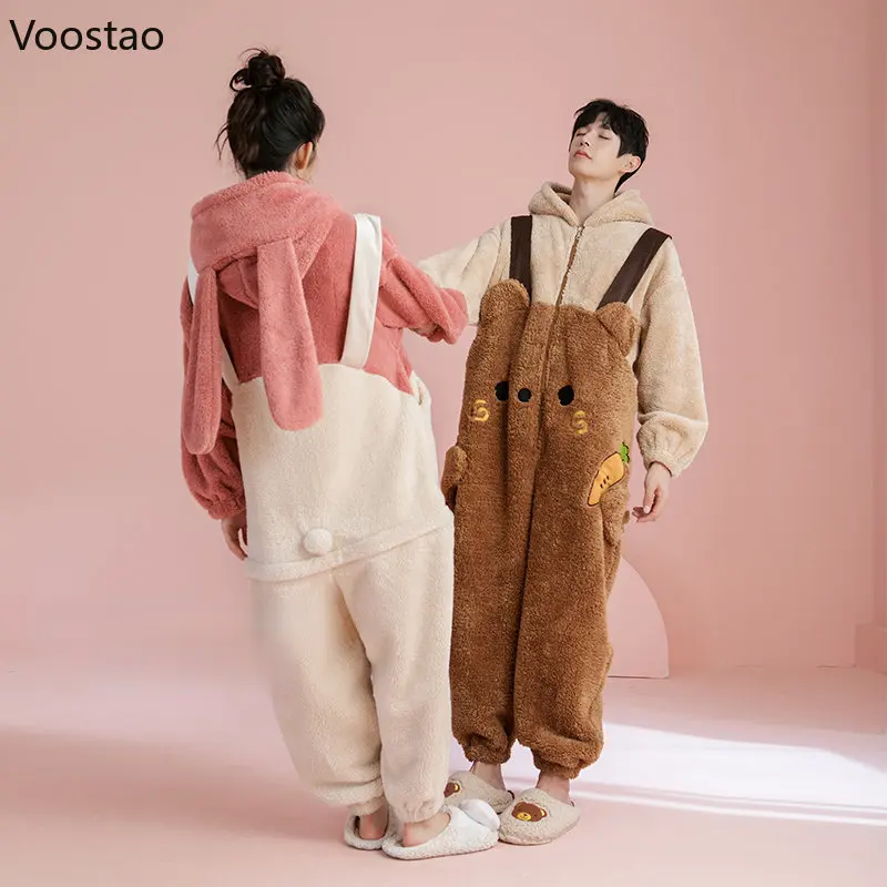Sweet Bunny Ears Hooded Onesies Women Autumn Winter Warm Couple Pajamas Men Kawaii Bear Nightwear Pyjamas Jumpsuit Cute Homewear