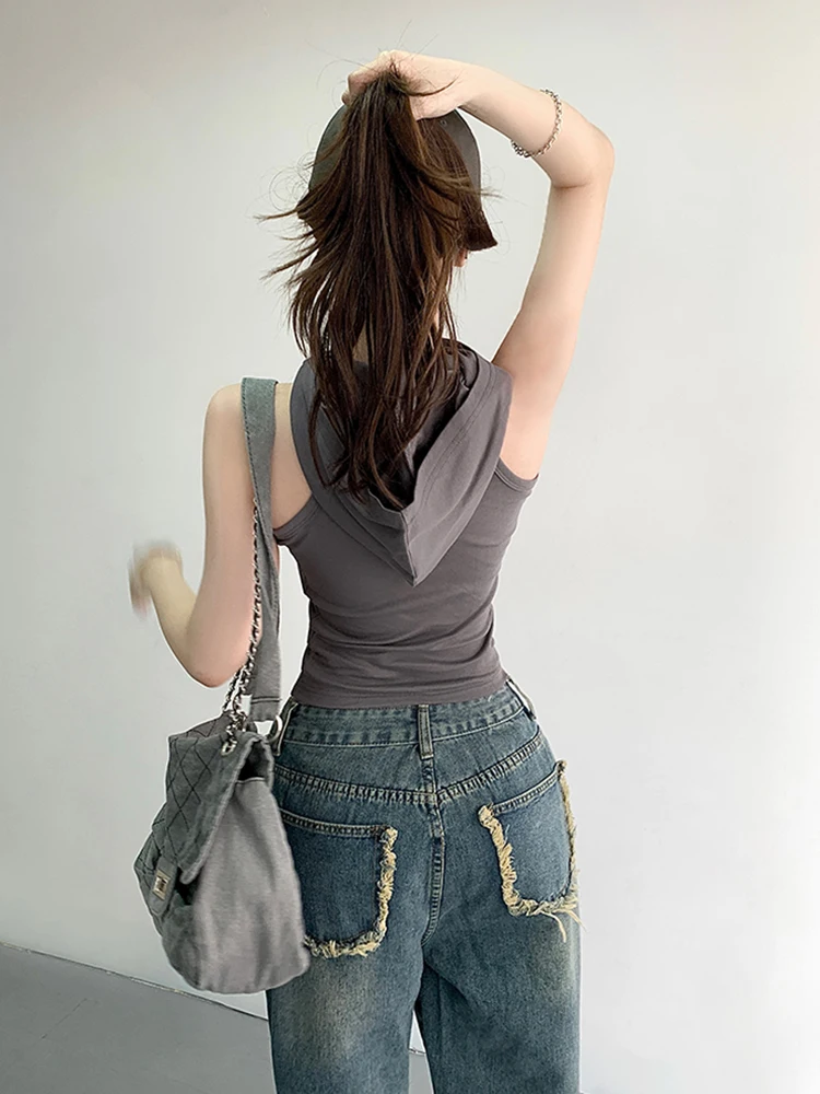 Summer New Tank Top Hooded Vest Women's Tops Streetwear Design Slim Fit Sleeveless Crop Top Solid Color Girls Clothing