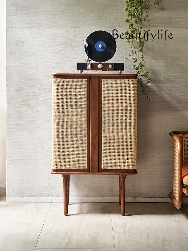 

Retro Solid Wood Rattan Storage Cabinet Black Walnut Clothes Closet Japanese Style Living Room Home Sideboard Cabinet