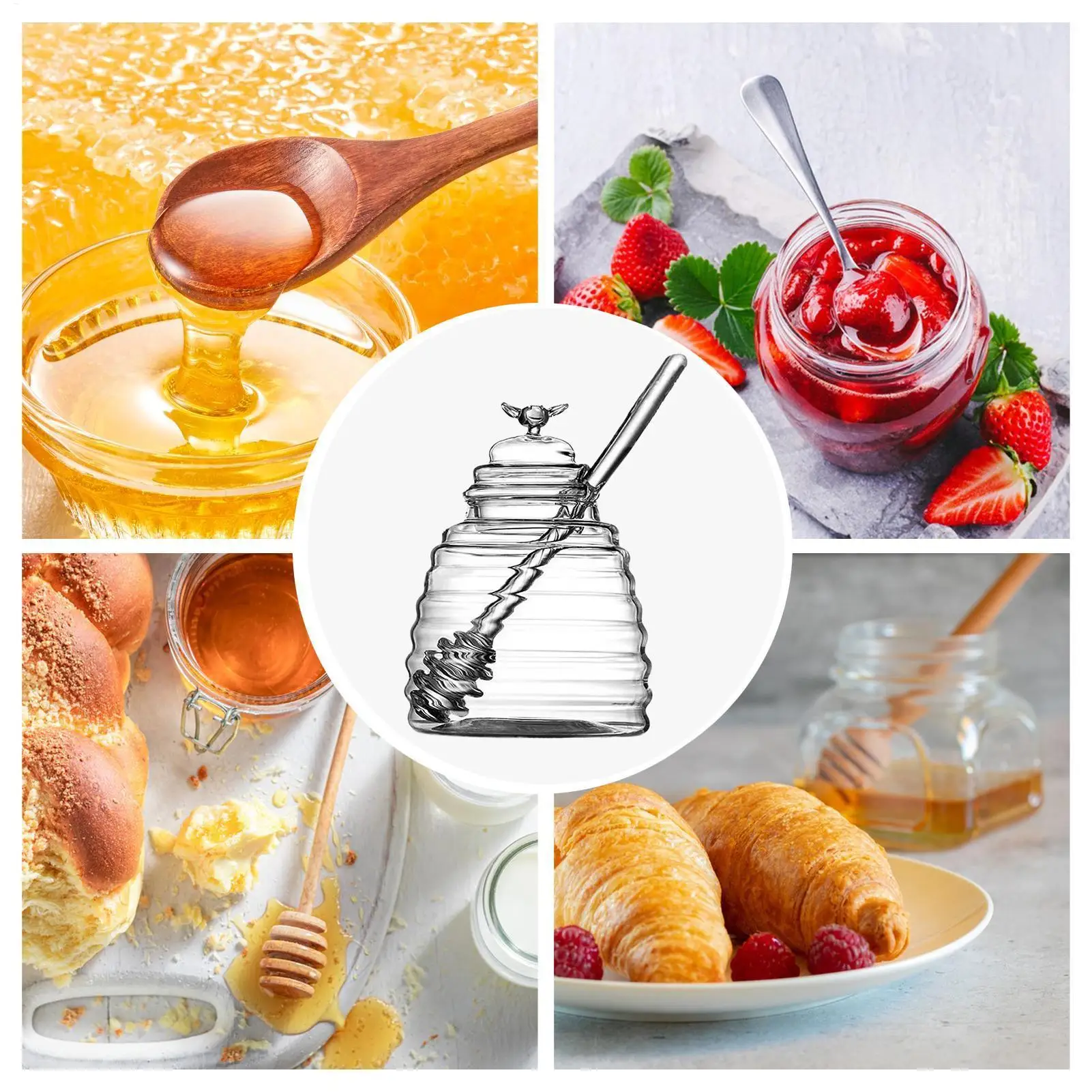Glass Honeycomb Tank Kitchen Tools Honey Storage Container with Dipper and Lid Honey Bottle for Wedding Party Kitchen Home