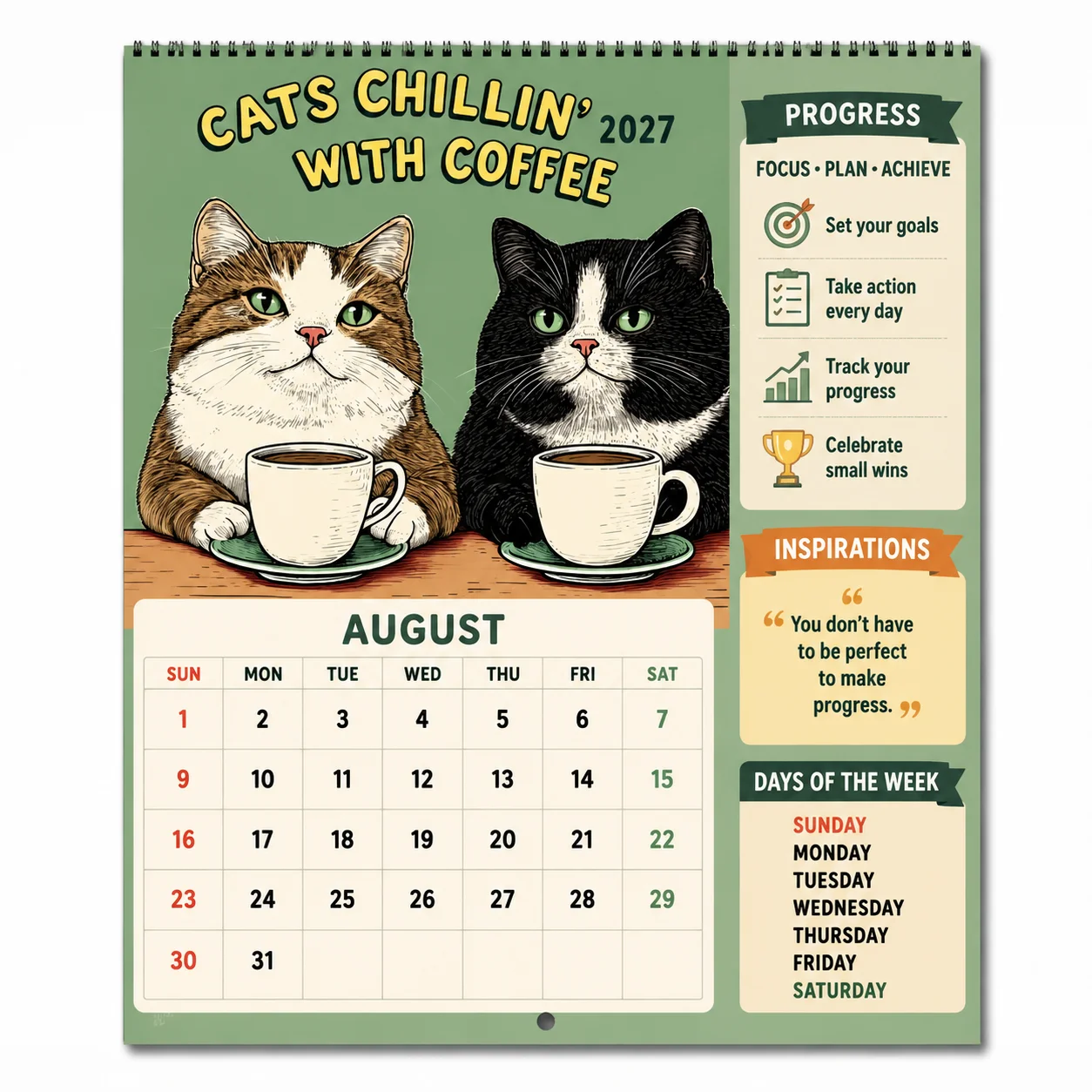 Calendario da Parete 2027: Illustrazione di Gatti Divertenti e Rilassanti con Tema Caffè, Calendario Mensile Personalizzato per 12 Mesi - immagine 3