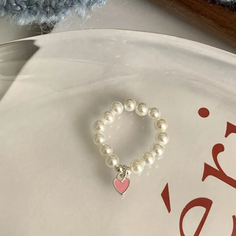 Cute Sweet Elastic Pearl Chain Ring for Women Tiny Simple Love Heart Pendant Rings Jewelry Gifts