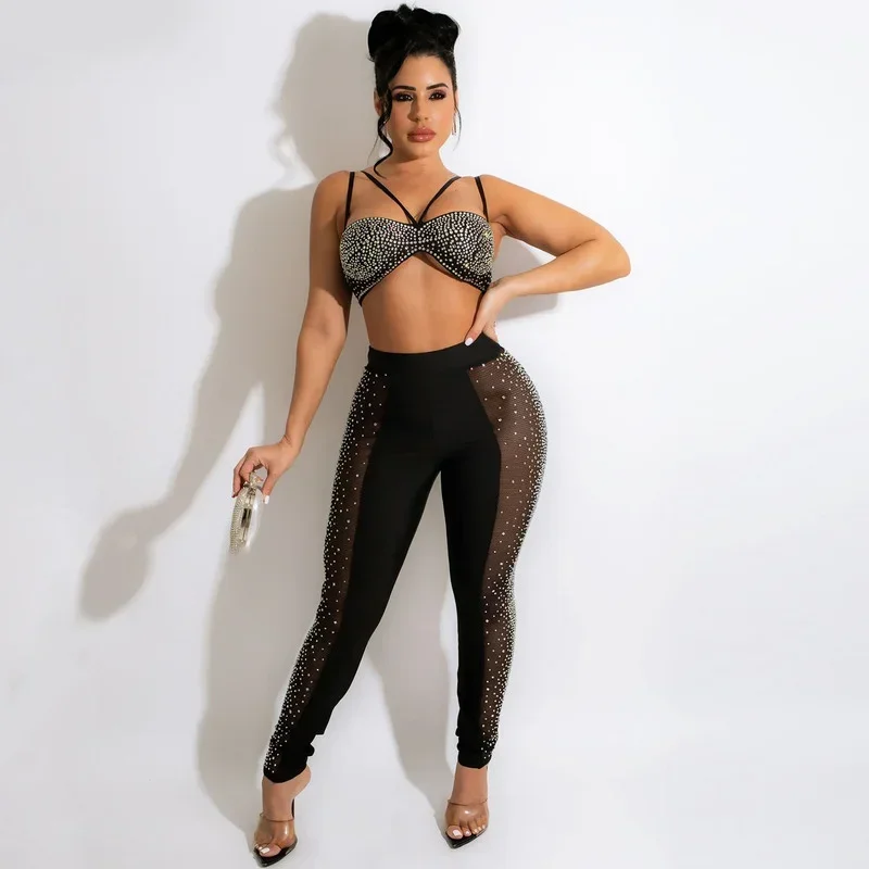 

WUHE 2024 Casaul Women Tracksuit Two Piece Set Diamond Crop Tanp Top + Long Pants Sportsuit Matching Set Summer Women Outfit