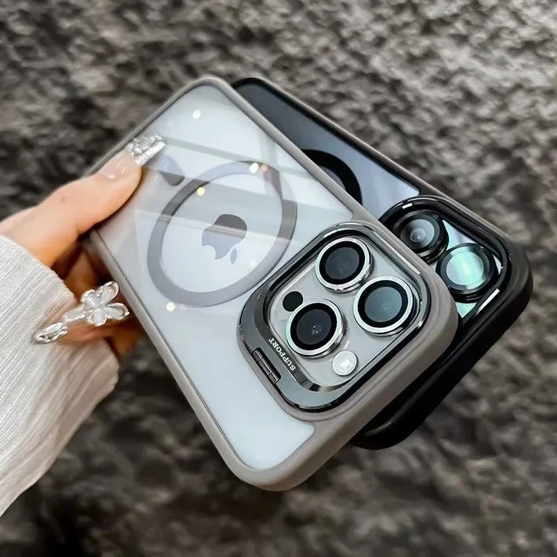 Premium Transparent Magnetic Wireless Charging Case with Metal Stand and Glass Lens Protection