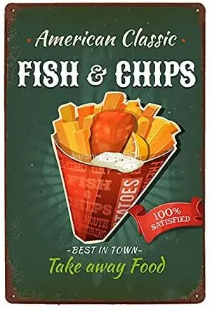 

American Classic Delicious Fish Chips Metal Sign Vintage Fast Food Dessert Shop Tin Sign Wall Decor Kitchen Cafe Diner Bar Sign