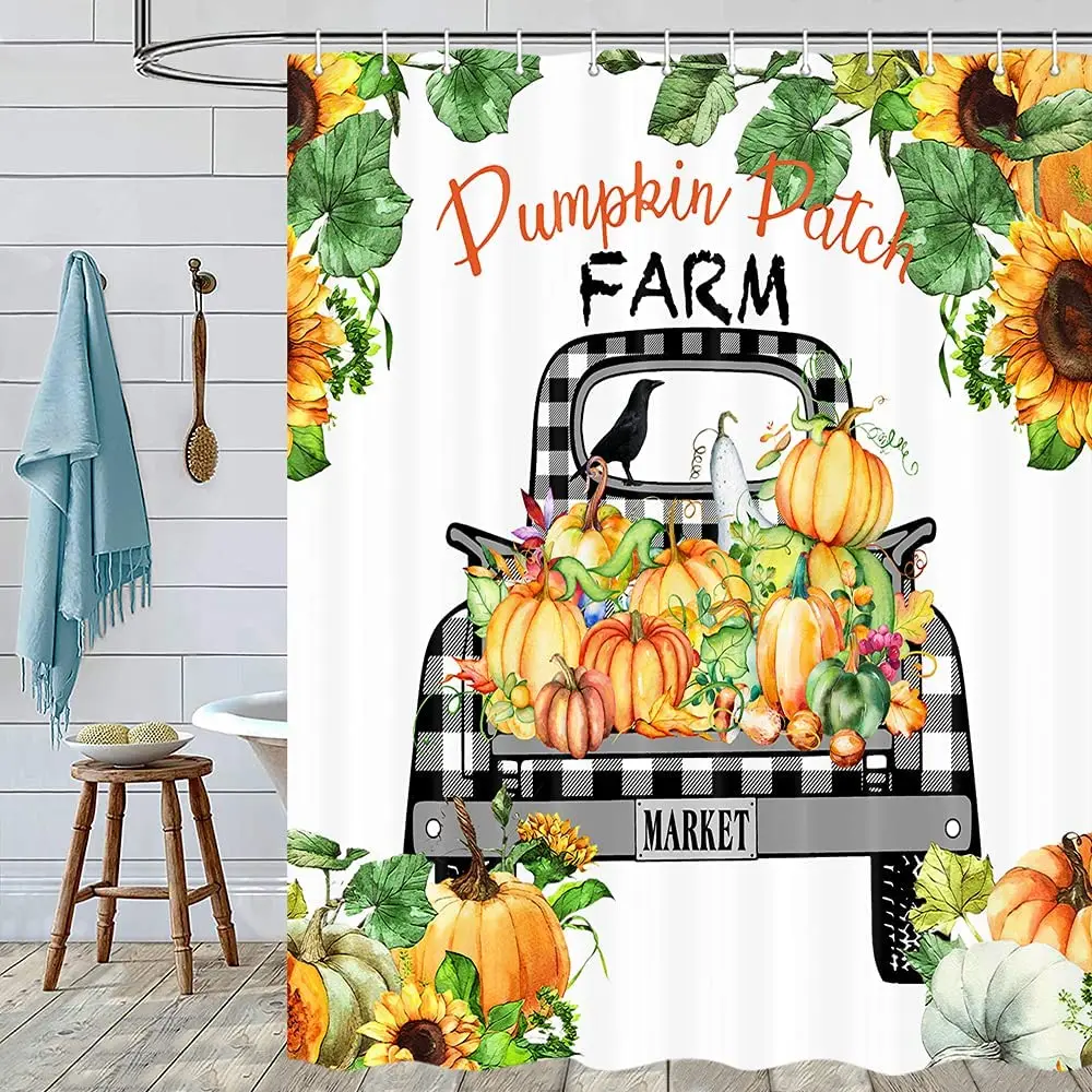 

Fall Farmhouse Shower Curtain Fresh Farm Sunflower and Pumpkin on Plaid Check Truck Fabric Bathroom Waterproof Bath Curtains