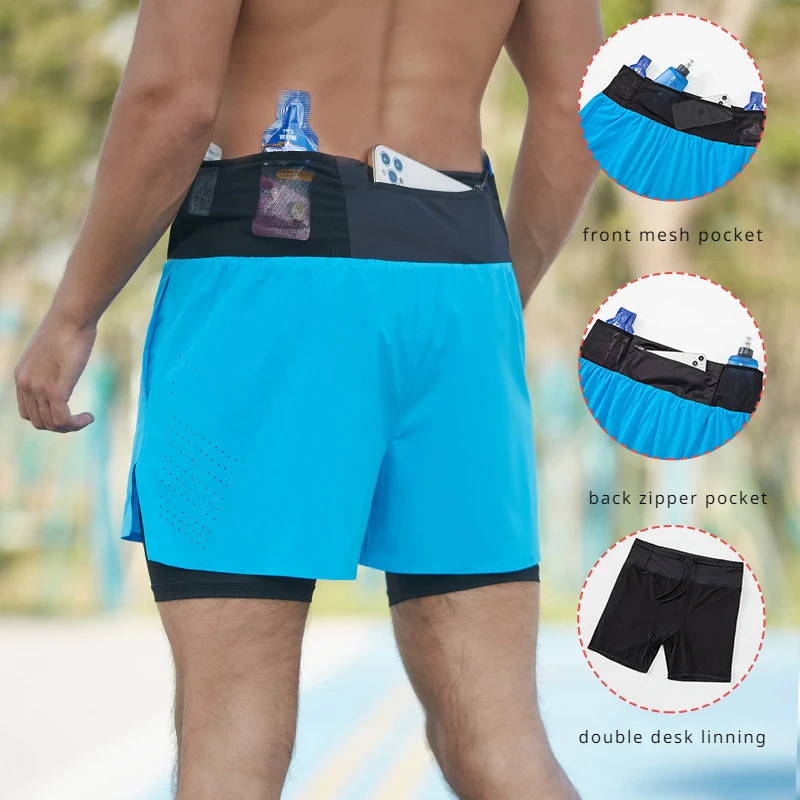 

Double-deck Outdoor Marathon Basketball Running Mens Gym Fitness Run Shorts Quick Drying Pocket Traning Jogging Workout Shorts