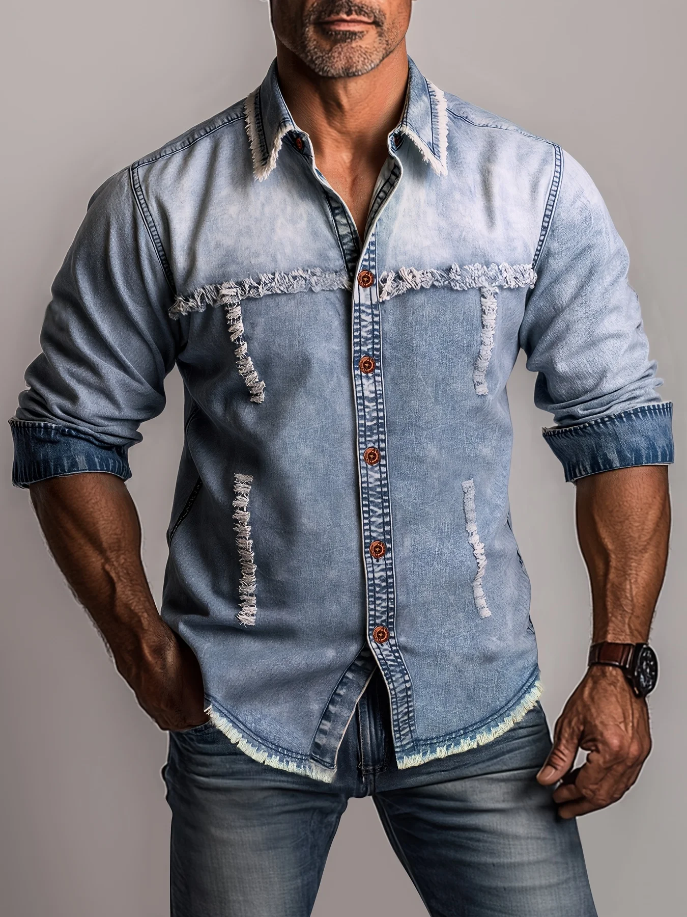 New autumn men's denim shirt, American vintage heavyweight washed denim shirt, spring and autumn workwear style distressed multi