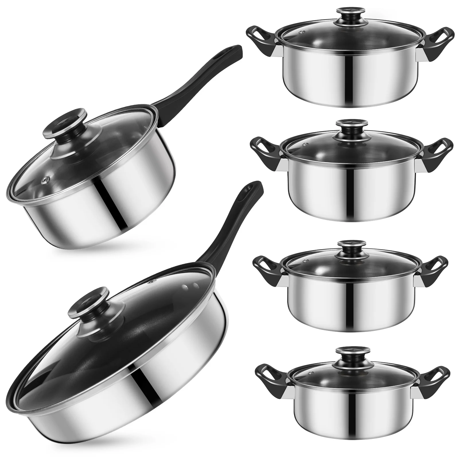 

12 Pcs Pots And Pans Set Stainless Steel Pot 12-piece Set Black Handle Milk Soup (black Non-stick) Cookware Saucepan