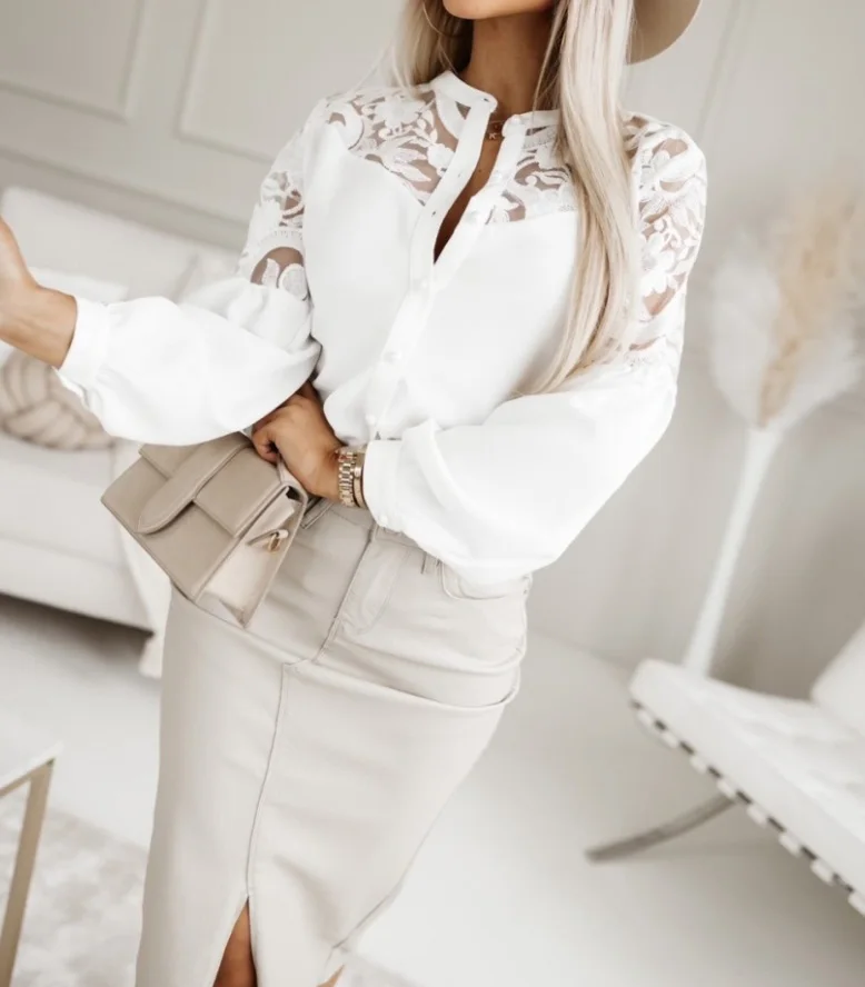 

Women's Top 2023 Autumn New Fashion Elegant Solid Color Single Breasted Lace Long Sleeve Spliced Shirt Temperament Commuting