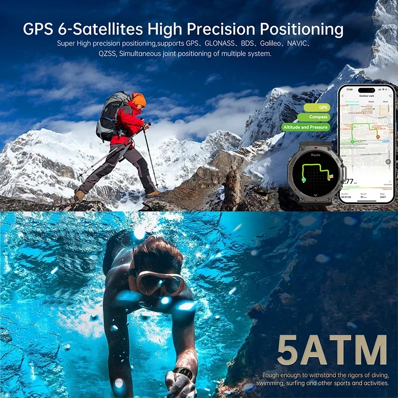 남성용 군용 GPS 스포츠 시계 나침반 5ATM 방수 1.43인치 AMOLED 170+스포츠 모드 500mAh 배터리 BT 통화 스마트 스포츠 시계 남성용