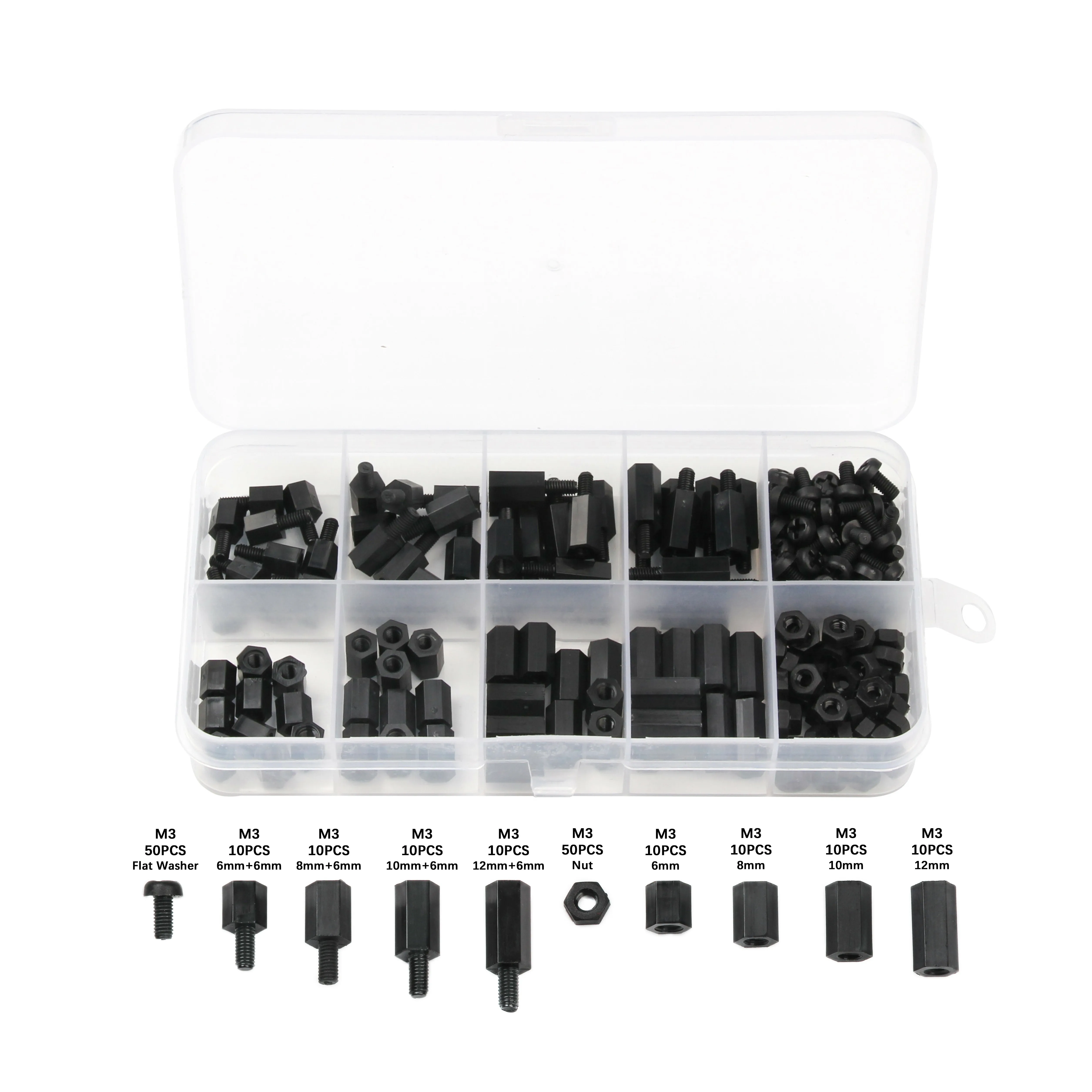 

180Pcs/set M3 Black Hex Nylon Standoff Spacer Column Flat Head Nylon Plastic Spacing Screws Nuts