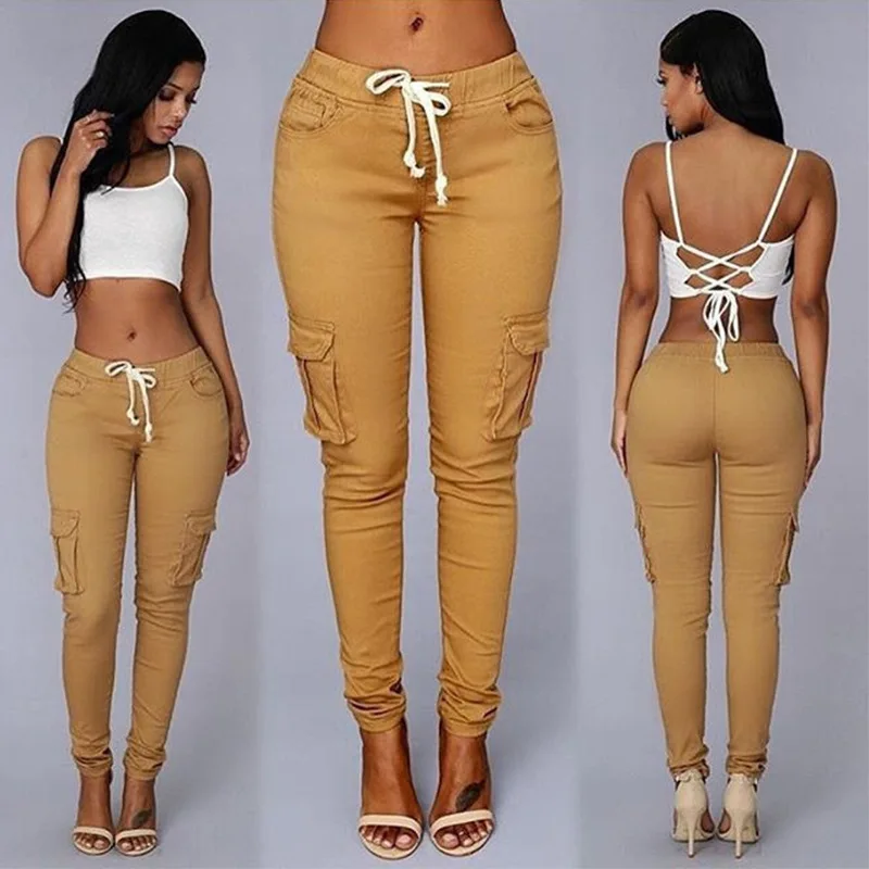

2023 Spring Summer European and American New Fashion Pencil Pants Pocket Drawstring Lace Elegant Tight Women's Casual Pants