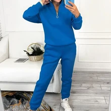  Women Solid Fleece Sweatshirt Sets Casual Stand Collar Zipper Pullover and Pocket Pants Tracksuit Autumn Winter Warm Sports Suit 