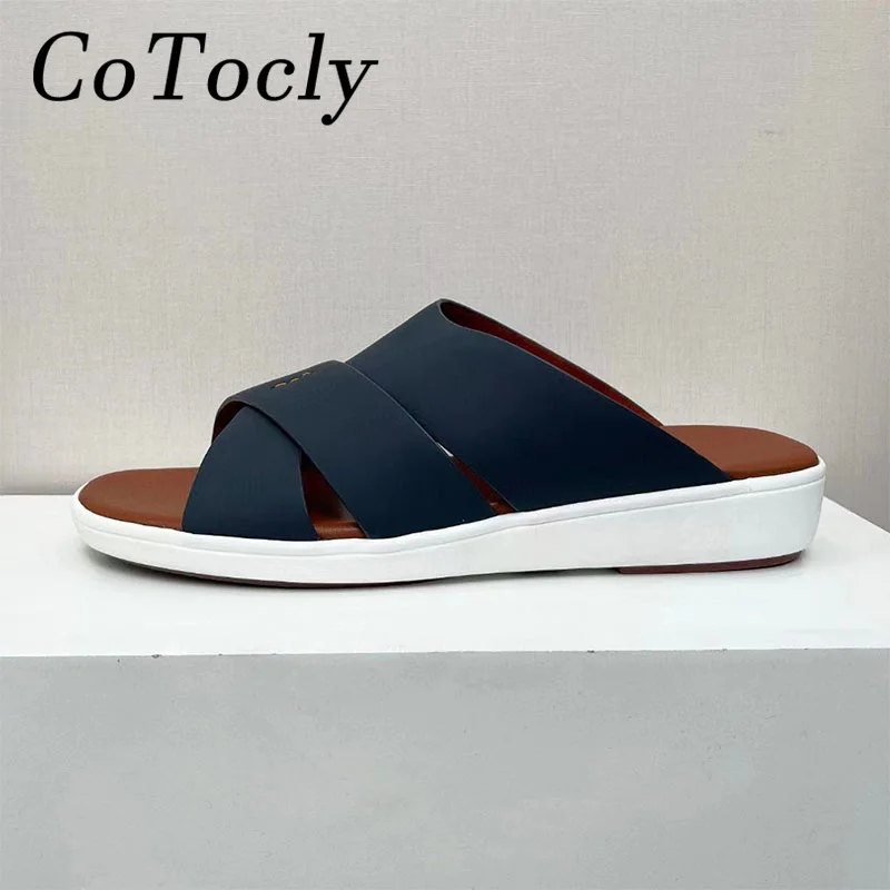 

Summer Slippers Men Thick Sole Genuine Leather Slides Open Toe Cross-tied Street Style Mules Holiday Casual Beach Sandals Man