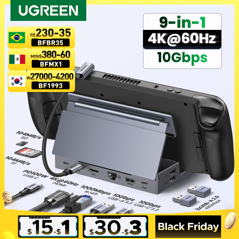 UGREEN Steam Deck Dock 4K60Hz 9 Ports RJ45 PD100W USB C HUB Compatible with Steam Deck ROG Ally LEGION Go iPhone 15 Pro/Pro Max
