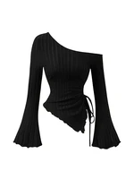 women's New off shoulder cross long sleeved slim fit casual street style asymmetrical elegant T-shirt trumpet sleeve top