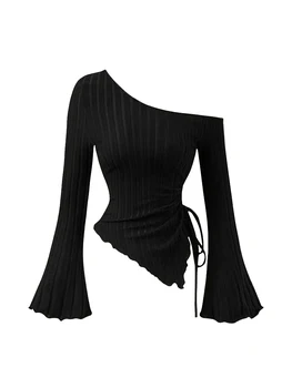 women's New off shoulder cross long sleeved slim fit casual street style asymmetrical elegant T-shirt trumpet sleeve top 1