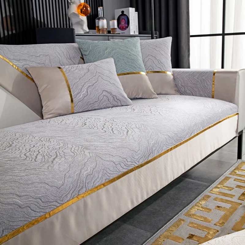 

Light Luxury Leaf Pattern Sofa Cover Gold Edge Solid Color Thicken Chenille Sofa Cover Anti-slip Couch Cushion for Living Room