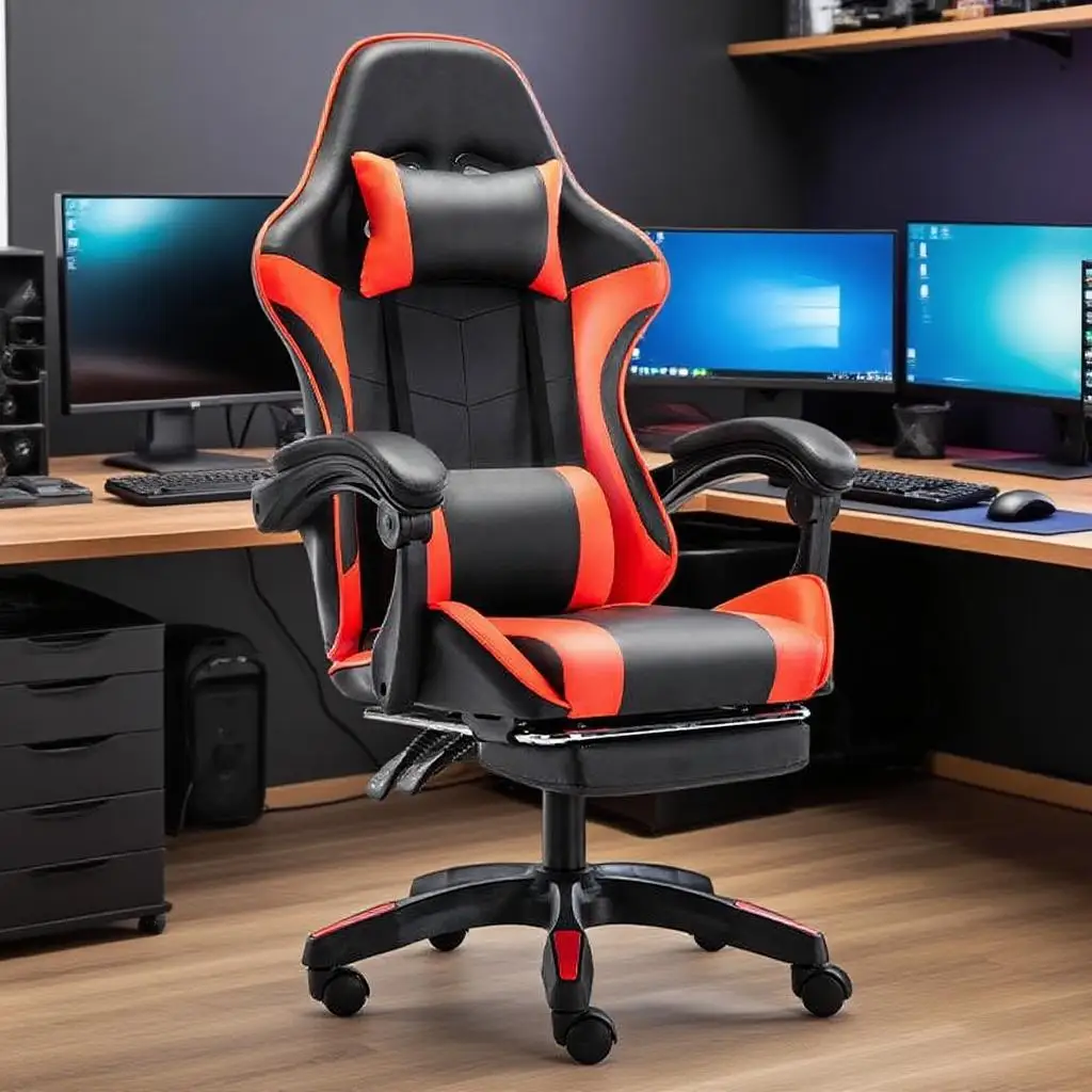 An ergonomic computer gaming chair,Gaming chair with lumbar soft pillow support and adjustable height footrest