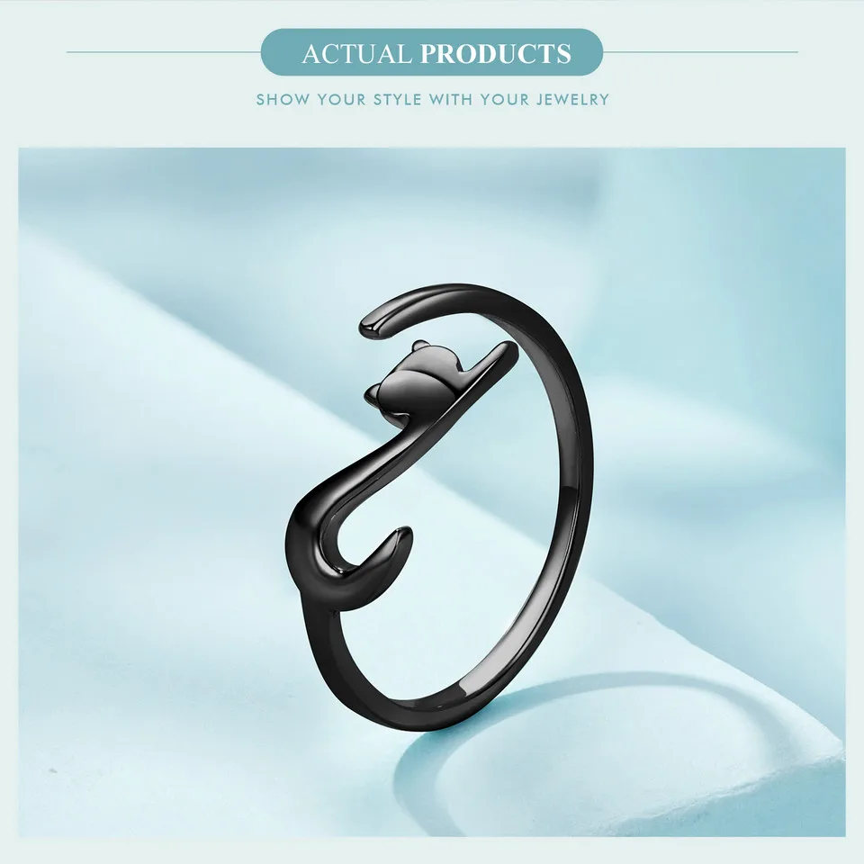 Sterling Silver Cute Cat Open Ring  3 Colors Adjustable Plated Platinum - PeticaDeals