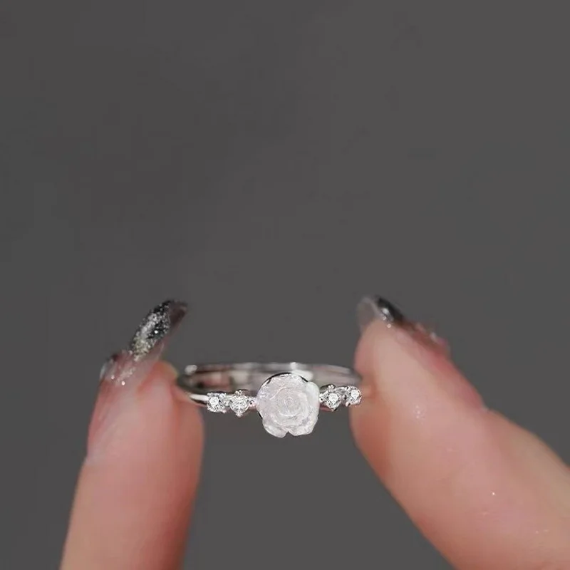 Vintage Rose Flower Rings For Women Shiny Crystal Zircon Adjustable Princess Finger Ring Bride Wedding Engagement Party Jewelry