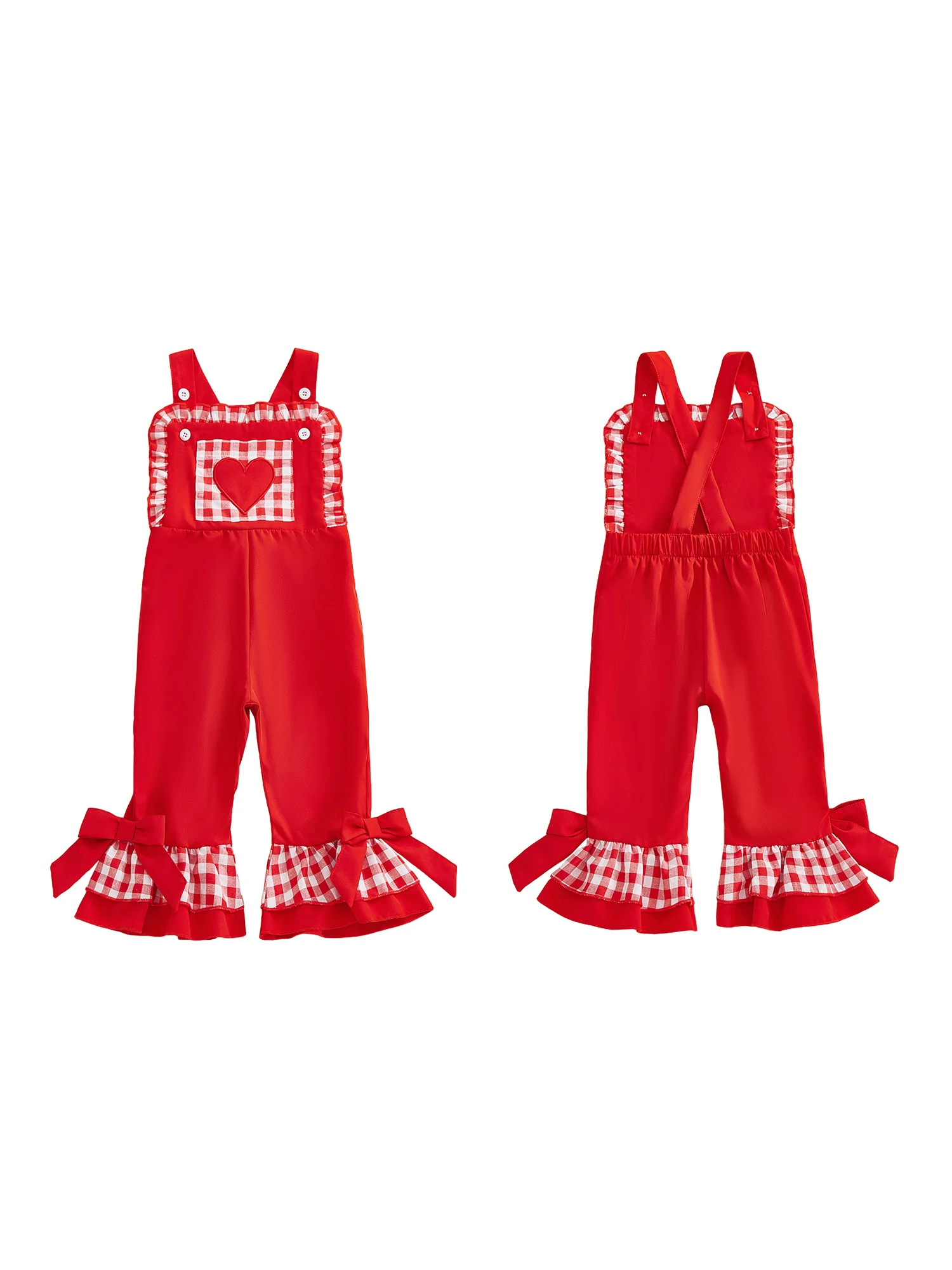 Girls Heart Print Overalls Plaid Flare Pants with Bow Detail Perfect Valentine s Day Outfit for Everyday Wear