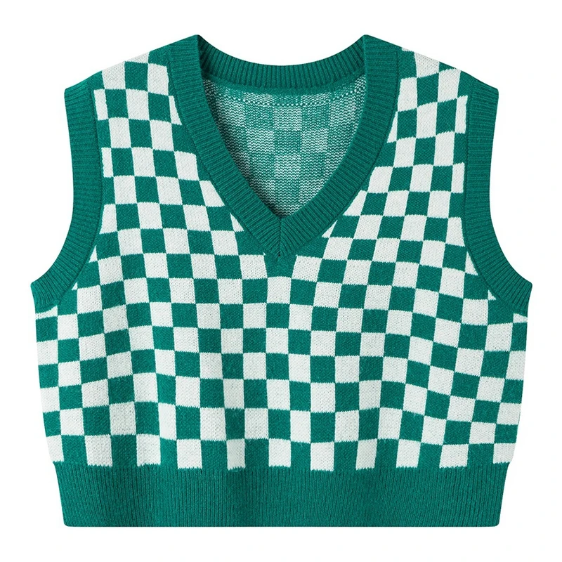 Women Knitted Plaid Sweater Vest Sleeveless Loose V-Neck Knitwear