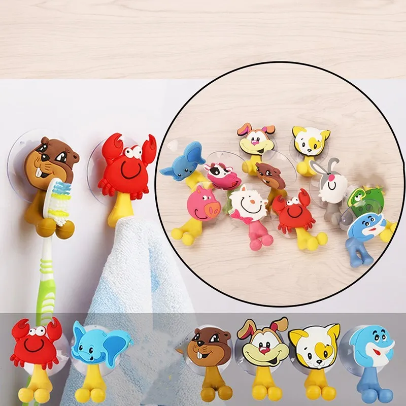 Multifunctional Cute Cartoon Animal Suction Cup Toothbrush Holder Hooks Bathroom Accessories Wall Suction Holder Tool 1PC toothbrush holder wall mounted storage hook