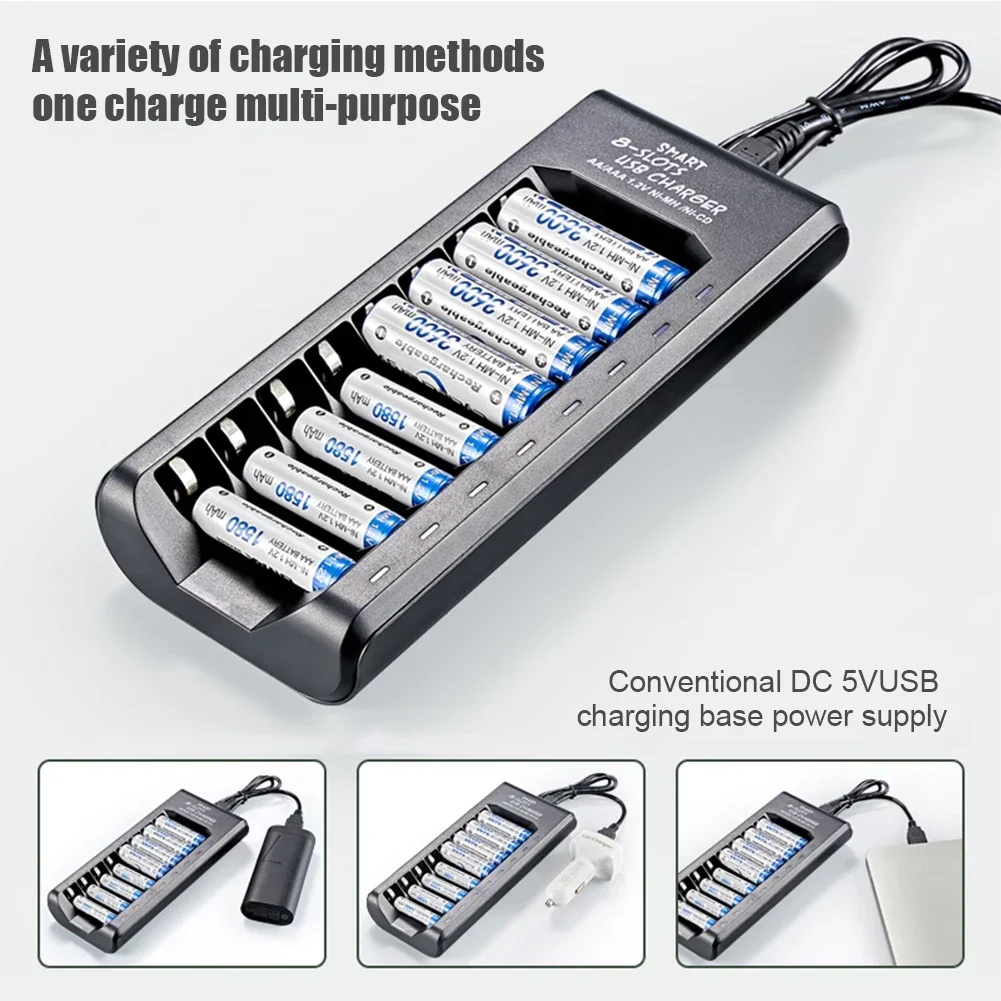 지능형 고속 USB 배터리 충전기, LED 표시기 충전기 포함, AAA/AA 충전식 Ni-MH/Ni-Cd 배터리용, 8 슬롯