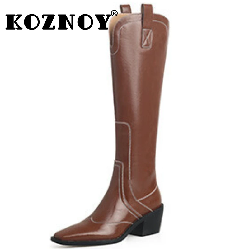 

Koznoy 6cm British Microfiber Leather Slip on Spring Boots Women Chimney Autumn High Top Ladies Fashion Knee High Booties Shoes