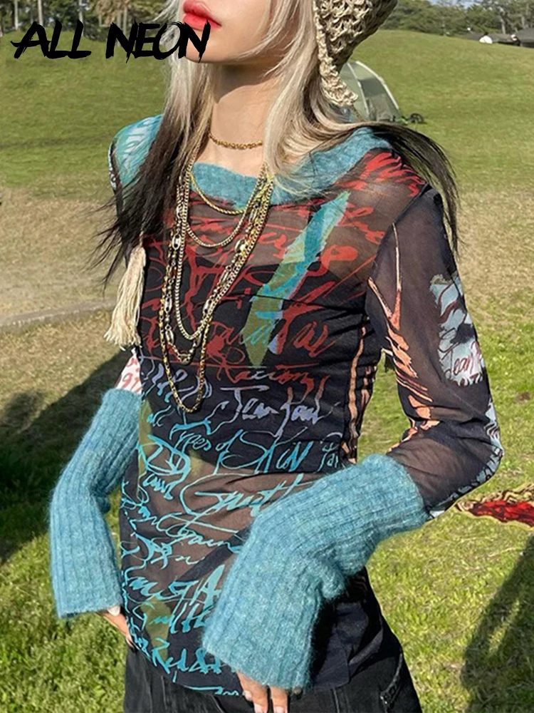 

ALLNeon Grunge Y2K Streetwear Patchwork Graphic Mesh T-shirts E-girl Fashion Knitted Sleeve Trim Transparent O-neck Print Tops