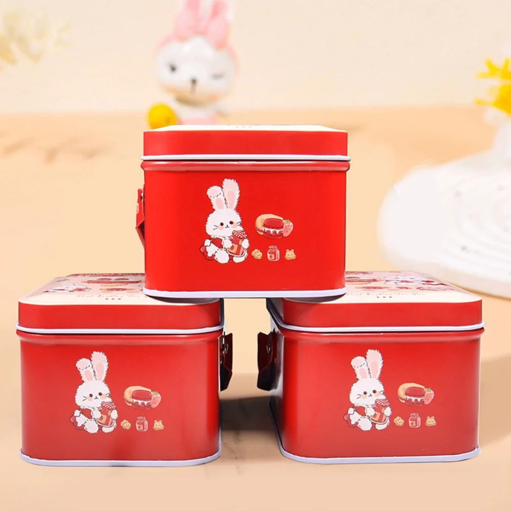 Quadratische Pralinenschachtel mit tragbarem Griff, handbemalte Kaninchen-Blechbox, Keksschmuck, Geschenkverpackung für Hochzeit, Ostern, Party – Detail 1