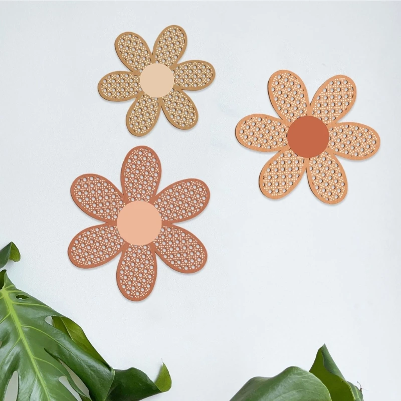 Flower Wall Sign Set of 3 Bohemian Rattan Flower Hanging Plaques for Nursery Living Room Wall Decoration Ornament 3