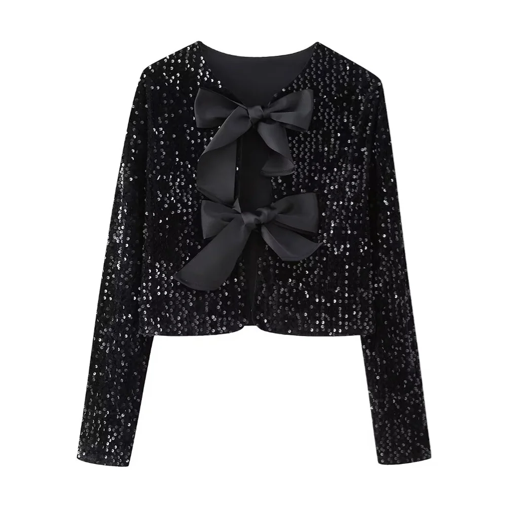 Winter New Women's Fashion, Casual, Sweet and Versatile Bow Tie with Sequin Top