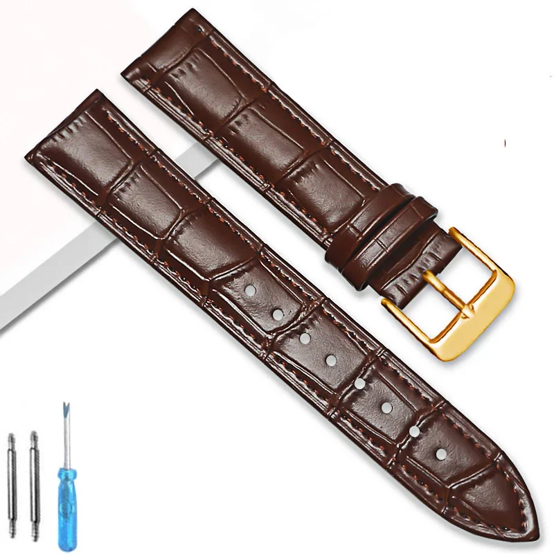 Premium Genuine Leather Watchband Strap with Steel Pin Buckle - High-Quality Wrist Bracelet with Tool Included