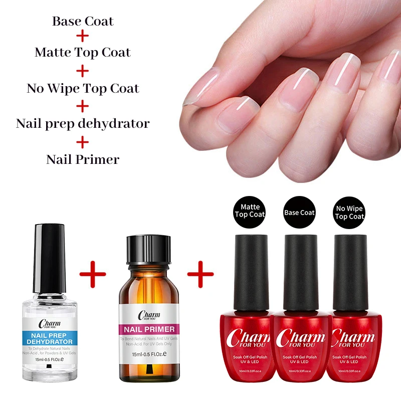 5pcs Natural Nail Prep Dehydrator and Nail Acid-Free Primer Set with Base Coat &Top Coat Soak Off Gel Art Top Gel