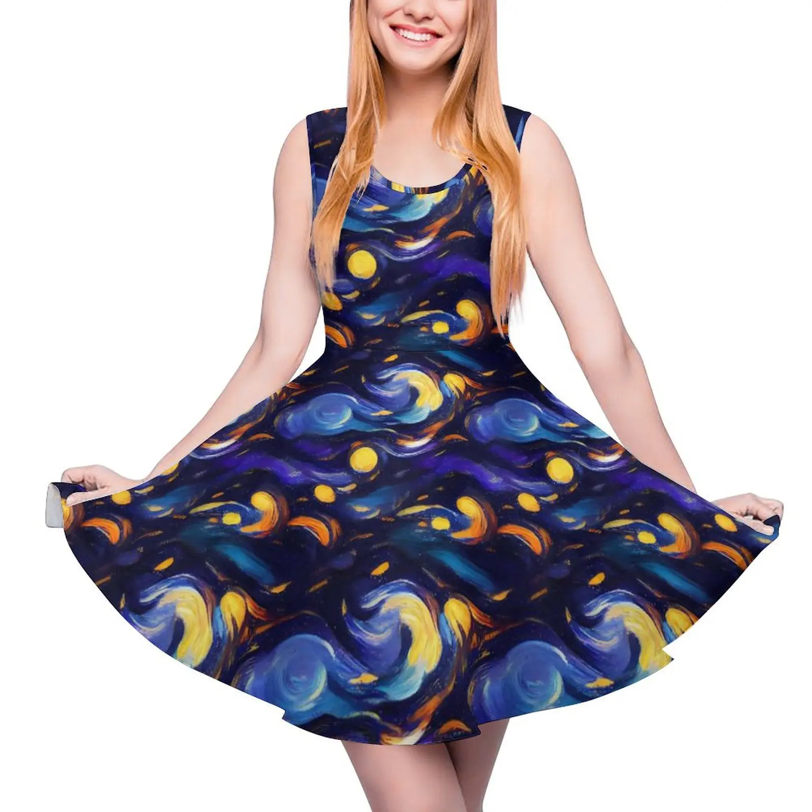 

Starry Night Dress Abstract Famous Painting Night Club Dresses Sleeveless Casual Skate Dress Ladies Design Vestido Gift