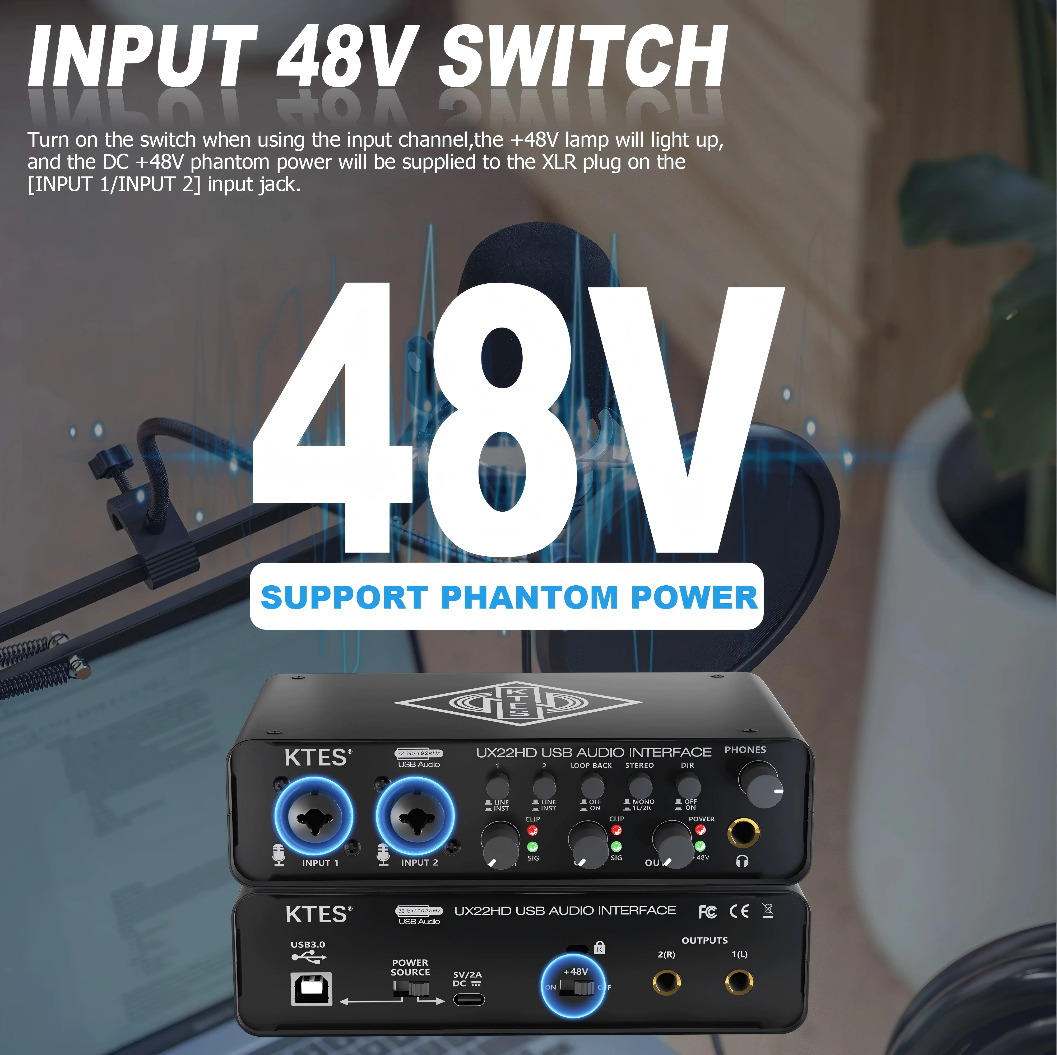 UX22 Audio Interface 192kHz 32-Bit USB Sound Card for Studio Recording Live Streaming Podcast DAW Music Production & YouTube