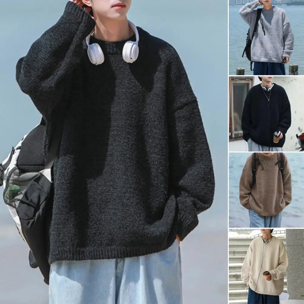 

Men Round Neck Sweater Stylish Men's Knitwear for Autumn Winter Soft Warm Round Neck Sweater V-neck Pullover Solid Colors Solid