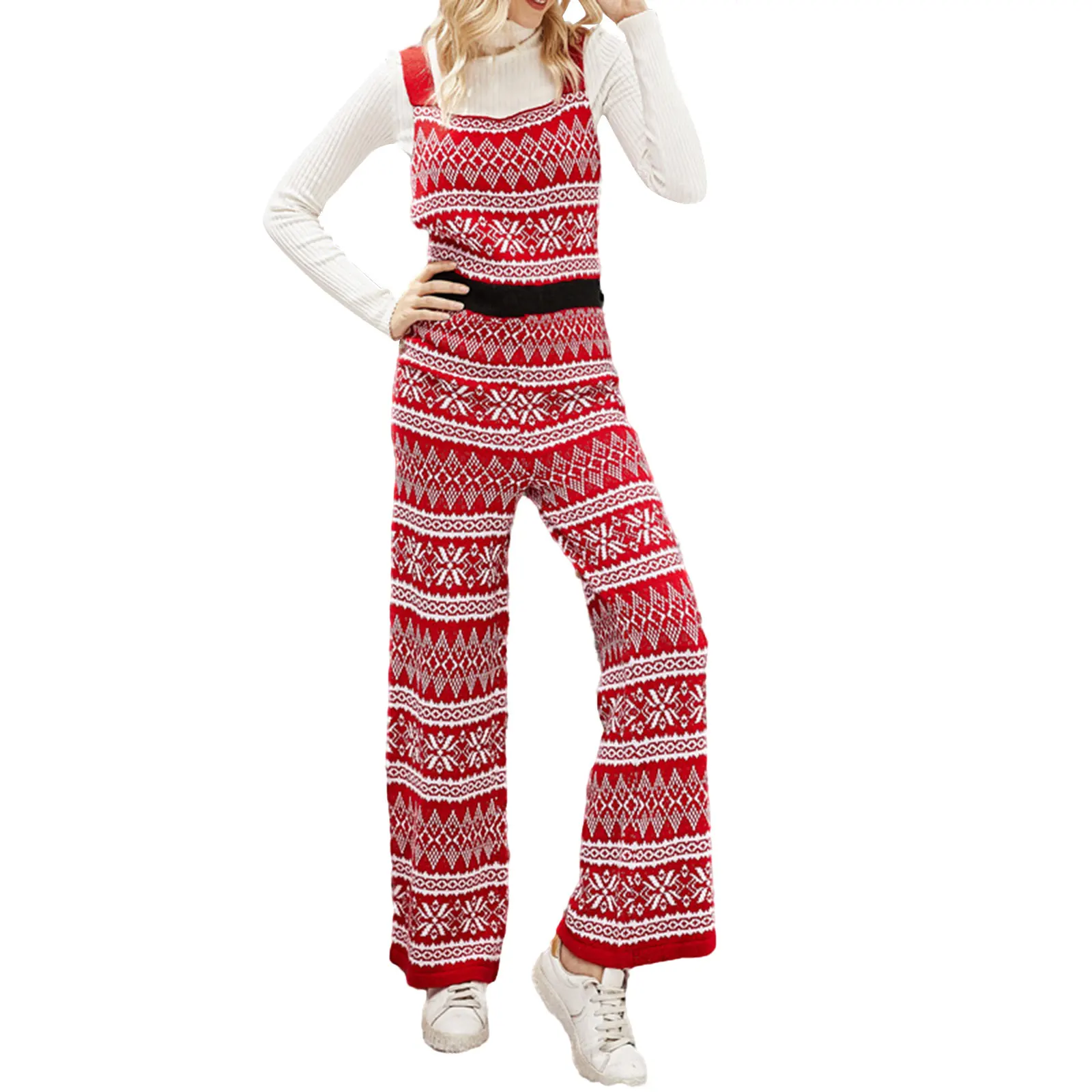 Women Christmas Knitted Bib Overalls Snowflake Print Loose Straight Leg Jumpsuit Romper Pants with Pockets New Year Clothes