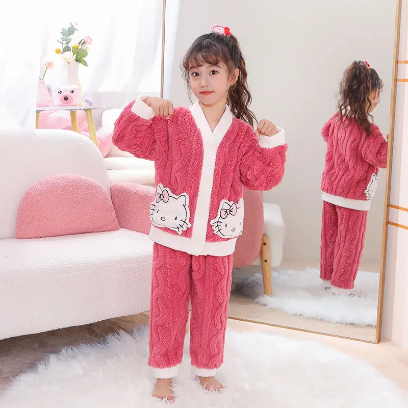 

Anime Sanrio Hello Kitty Cinnamoroll Girls Pajamas Kuromi Flannel Nightwear Autumn Winter Coral Velvet Child Homewear Sleepwear