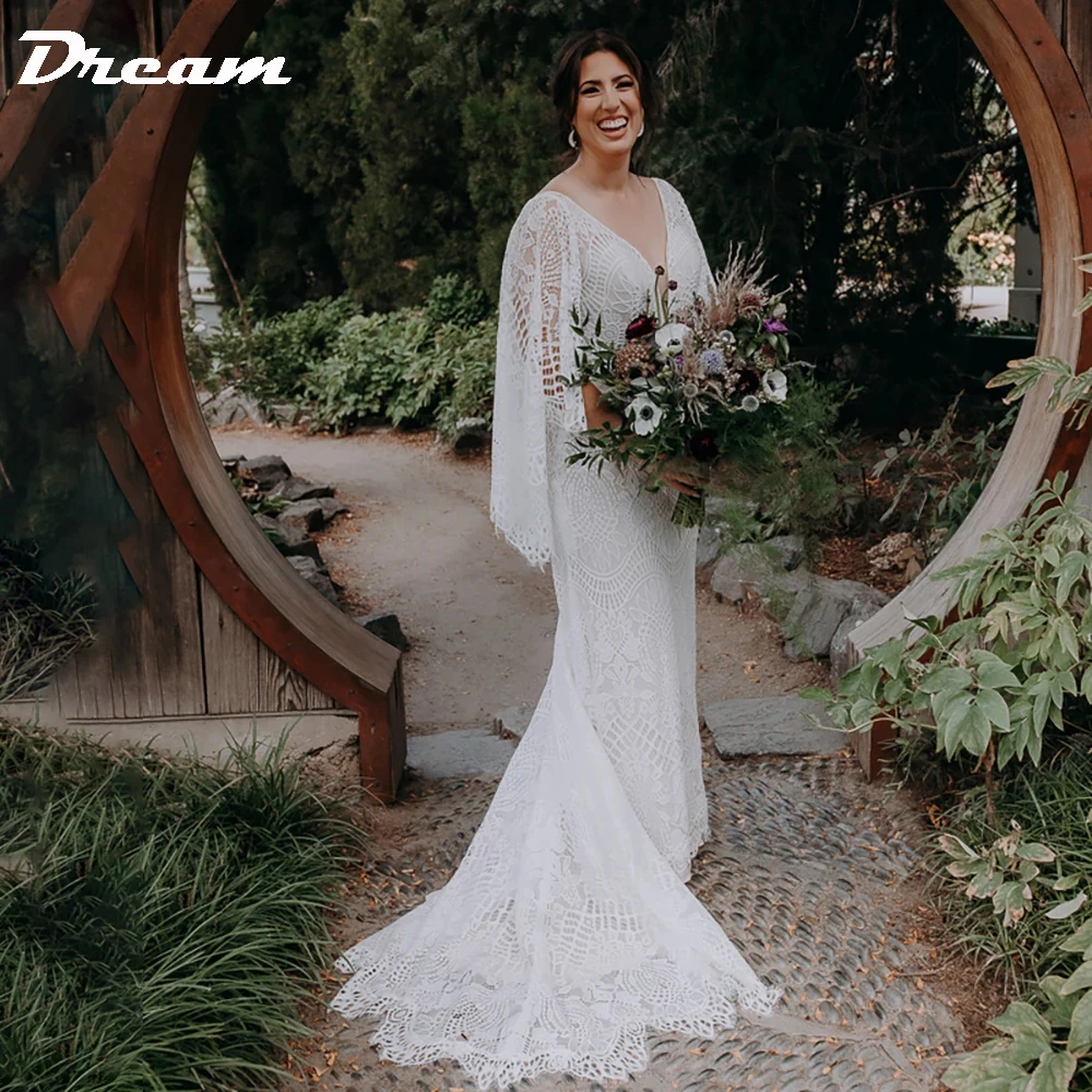 

DREAM Batwing Sleeves Lace Wedding Dress V Neck Backless Made Rustic Boho Mermaid Bridal Gown Custom