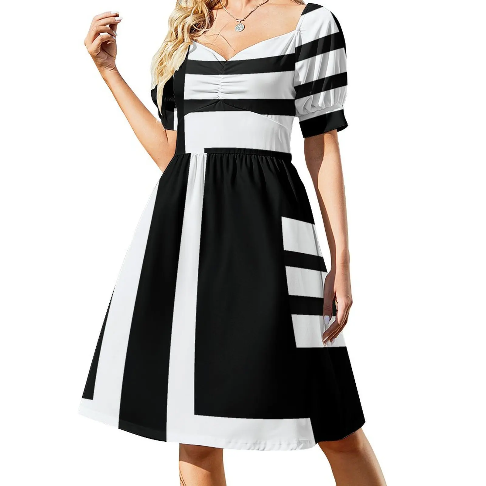 thumbnail image 1 of DISEÑO GRÁFICO EN BLOQUES EN BLANCO Y NEGRO Vestido de manga corta vestidos estilo coreano vestido de verano Vestido, 1 of 7