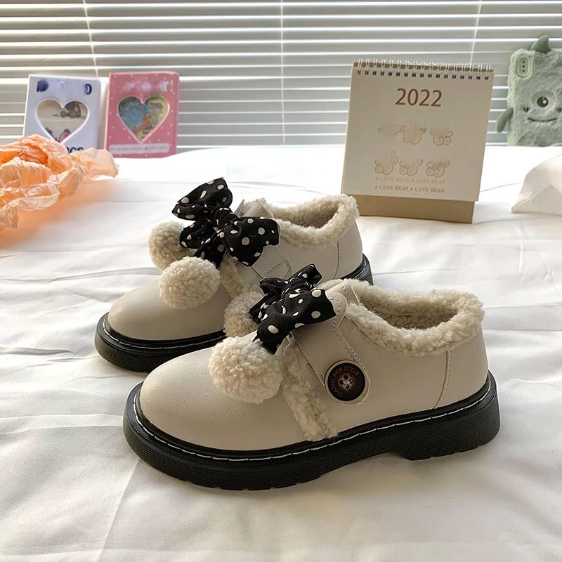 Lolita Sweet Girl Round Head Leather Shoes Winter Plus Velvet Warm Boots Women's Soft Girl Bowknot Kawai Women's Cotton Shoes