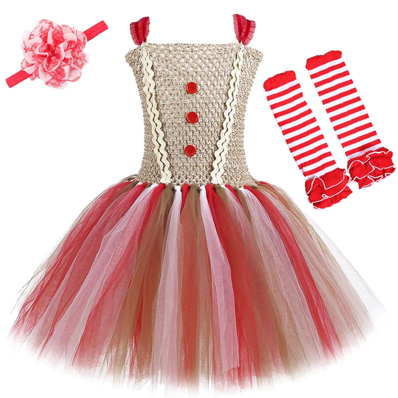 

Christmas Gingerbread Dress For Baby Girl TUTU Costume Xmas Children Up Lace Party Tunic Kid Festive Dresses+Headband+Sock Set