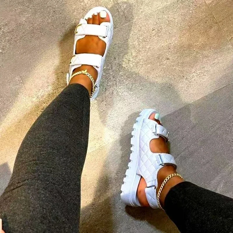 Women Plaid Buckle Strap Sport Sandals Casual Open Toe Beach Anti-Slip Platform Flat